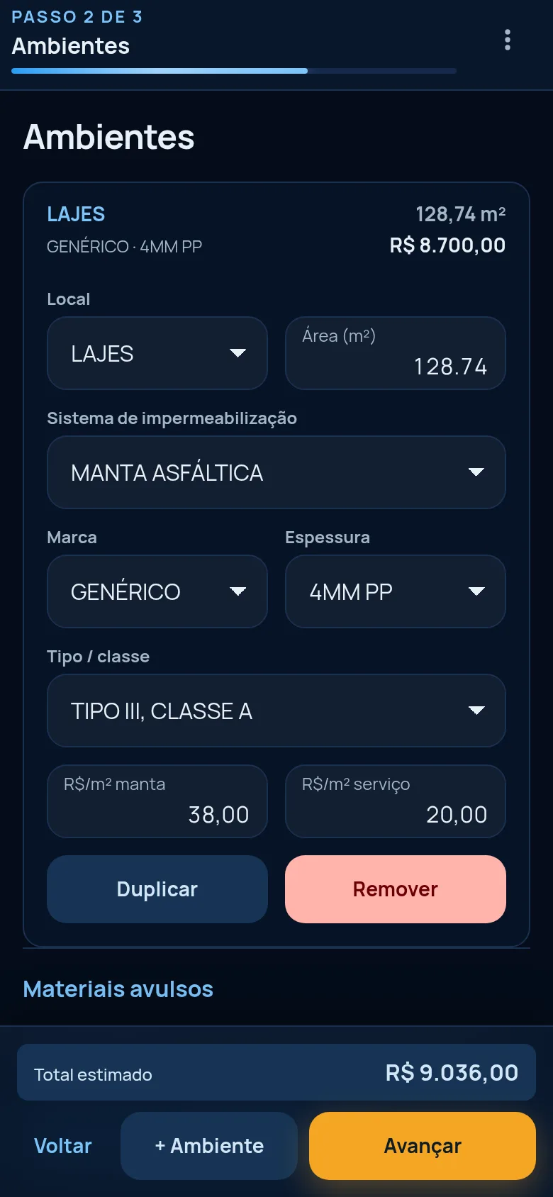 Tela do Fujita Admin: sistema de uma obra de demonstração.